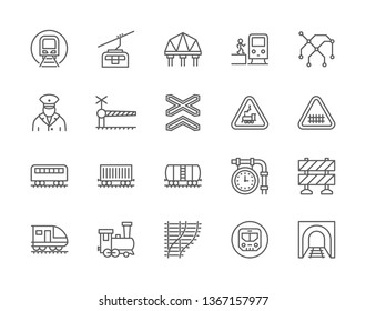 Set of Train and Railways Line Icons. Railroad Tunnel, Funicular, Suspension Bridge, Subway Map, Conductor, Locomotive, Train Roads and more. Pack of 48x48 Pixel Icons