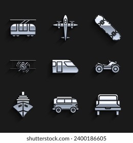 Set Train, Retro minivan, Pickup truck, All Terrain Vehicle or ATV motorcycle, Cargo ship, Old retro vintage plane, Skateboard and Tram and railway icon. Vector