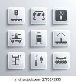 Set Train station bell, Cargo train wagon, Railway, Suitcase, News, Draisine or handcar, traffic light and Repair of railway icon. Vector