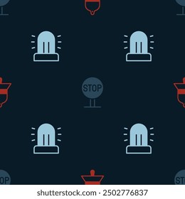 Set Train station bell, Stop sign and Flasher siren on seamless pattern. Vector