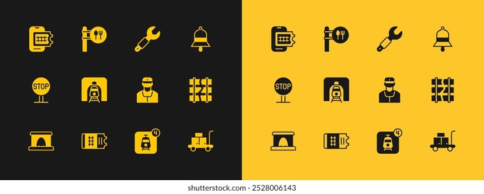 Fije la campana de la estación de tren, el boleto, el conductor, la reserva en línea, el túnel de ferrocarril, la llave inglesa, y el icono de la ubicación del café y del restaurante. Vector