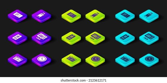 Fija la tarjeta de la estación de tren, reloj, tren de billetes electrónicos, oficina de entradas para comprar entradas, maleta e icono. Vector