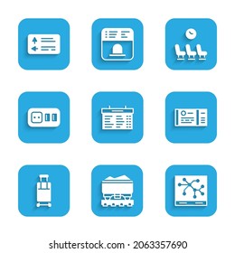 Set Train station board, Coal train wagon, Railway map, ticket, Suitcase, Electrical outlet, Waiting room and Road traffic signpost icon. Vector