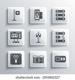 Set Train station board, Electrical outlet, Broken rails railway, traffic light, Repair of, Ticket office to buy tickets, Road signpost and Railway, railroad track icon. Vector