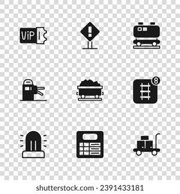 Set Train station board, Online ticket booking, Trolley suitcase, Coal train wagon, Oil railway cistern, Exclamation mark square and Turnstile icon. Vector