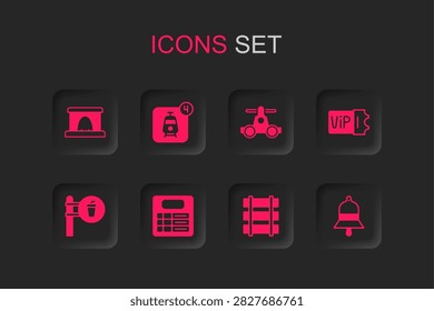 Set Train station board, Online ticket booking, Railway tunnel, Railway, railroad track, bell, Handcar transportation and Cafe restaurant location icon. Vector