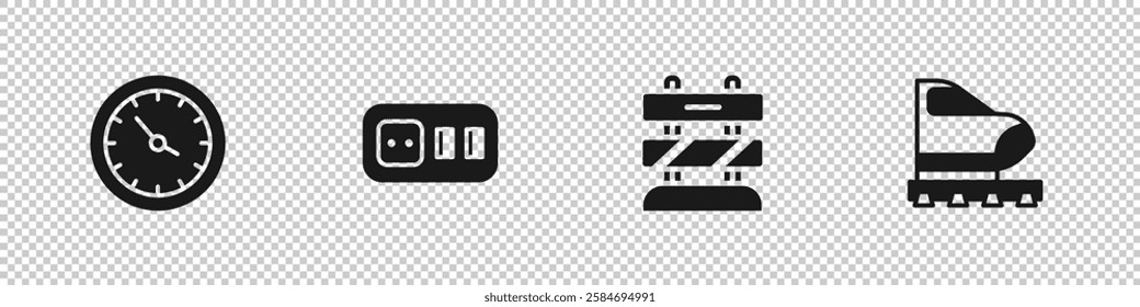 Set Train station clock, Electrical outlet, End of railway tracks and High-speed train icon. Vector
