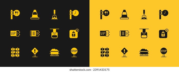 Set Train station clock, Exclamation mark square, Cable car, Coal train wagon, ticket, Arrow for switching the railway, Cafe and restaurant location and Traffic cone icon. Vector