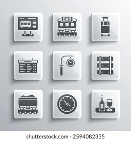 Set Train station clock, Wine bottle with glass, Railway, railroad track, Coal train wagon, board, Ticket office to buy tickets and Suitcase icon. Vector
