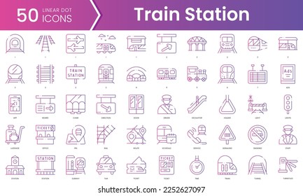 Conjunto de iconos de la estación de tren. Conjunto de iconos de estilo de degradado. Ilustración vectorial