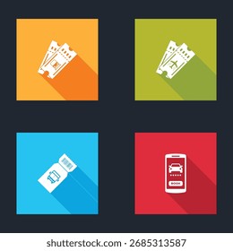 Establecer billete de tren, línea aérea, autobús y coche compartido en línea icono. Vector