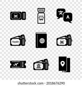 Set Train ticket, Bus, Translator, Airline, Museum, Cover book travel guide, Ticket and  icon. Vector