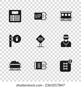 Set Train ticket, conductor, Online booking, Speed limit traffic sign 100 km, Passenger train cars, station board,  and Cafe and restaurant location icon. Vector