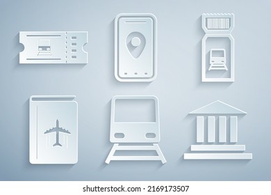 Set Train, ticket, guía de viajes de la portada, edificio de museos, Infografía del mapa de la ciudad e icono. Vector