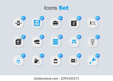 Set Train ticket, driver hat, station board, bell, Wrench spanner, Railroad crossing, Route location and Railway, railroad track icon. Vector