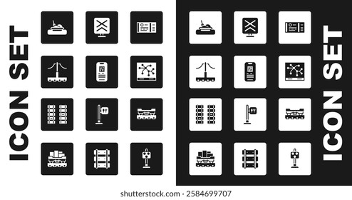 Set Train ticket, E-ticket train, Railway, Plate with food, map, Railroad crossing, Cargo wagon and railroad track icon. Vector