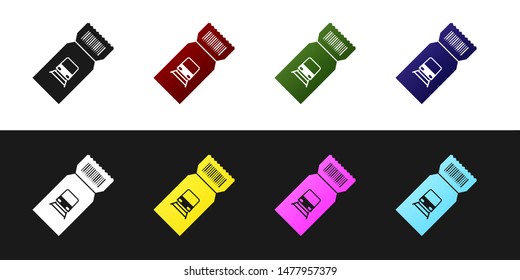 Set Train ticket icon isolated on black and white background. Travel by railway.  Vector Illustration