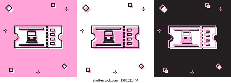 Set Train ticket icon isolated on pink and white, black background. Travel by railway.  Vector Illustration