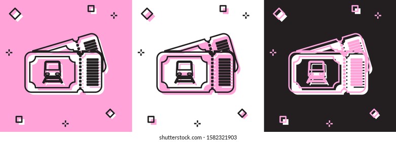 Set Train ticket icon isolated on pink and white, black background. Travel by railway.  Vector Illustration