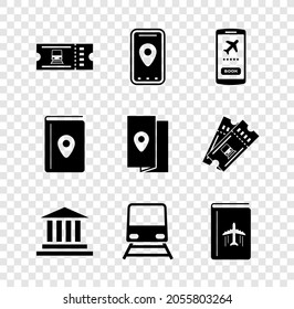 Set Train ticket, Infographic of city map, Mobile with, Museum building, Cover book travel guide,  and  icon. Vector
