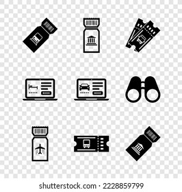 Set Train ticket, Museum, Bus, Airline, Online hotel booking and car sharing icon. Vector