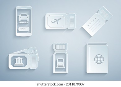 Set Train ticket, Ticket, Museum, Cover book travel guide, Airline and Online car sharing icon. Vector