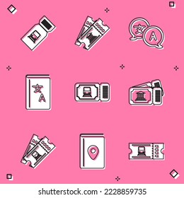 Set Train ticket, Museum, Translator, book, and Cover travel guide icon. Vector