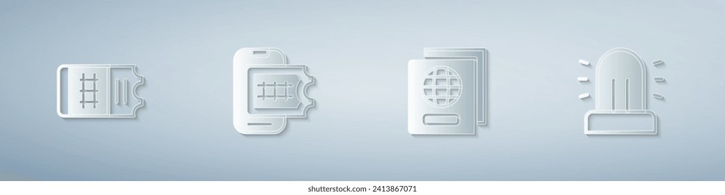 Set Train ticket, Online booking, Passport and Flasher siren. Paper art style. Vector