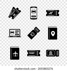 Set Train ticket, Online car sharing, Airline, Cover book travel guide, Ticket, Museum,  and Bus icon. Vector