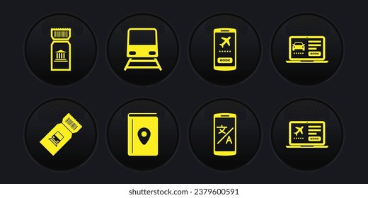 Set Train ticket, Online car sharing, Cover book travel guide, translator, Mobile with, Laptop and Museum icon. Vector