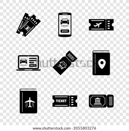 Set Train ticket, Online car sharing, Airline, Cover book travel guide, Ticket, Museum,  and Bus icon. Vector