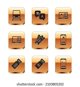 Set Train, Ticket, ticket, Online hotel booking, Laptop with,  and Translator icon. Vector