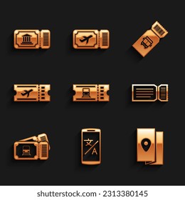 Set Train ticket, Online translator, Cover book travel guide, Ticket, Airline, Bus and Museum icon. Vector