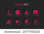 Set Train ticket, Passport, Arrow for switching the railway, Cable car, tunnel, Railroad crossing, Traffic cone and High-speed train icon. Vector