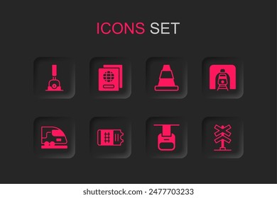 Set Train ticket, Passport, Arrow for switching the railway, Cable car, tunnel, Railroad crossing, Traffic cone and High-speed train icon. Vector