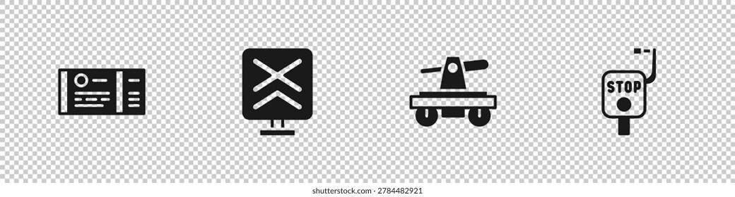 Set Train ticket, Railroad crossing, Draisine or handcar and Emergency brake icon. Vector