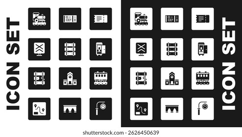 Set Train ticket, Railway, railroad track, Railroad crossing, Vintage locomotive, Toilet the train car, Passenger cars and Broken rails on railway icon. Vector