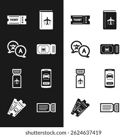Establecer boleto de tren, traductor, boleto, guía de viaje de libro de cubierta, línea aérea, coche compartido en línea, y el icono de autobús. Vector