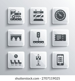 Definir o semáforo do trem, Comprar passagem de trem on-line, Sala de espera, Ponte para, Vintage locomotiva e relógio da estação ícone. Vetor