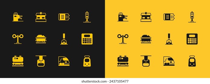 Set Train traffic light, Cable car, Arrow for switching the railway, High-speed train, Coal wagon, ticket, Turnstile and Railway station icon. Vector