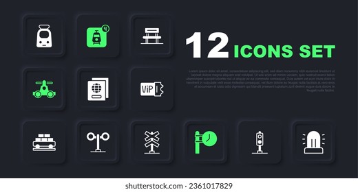 Ajuste el semáforo, la sirena Flasher, el pasaporte, el reloj de la estación, el transporte del coche, la reserva de billetes en línea y el icono del cruce ferroviario. Vector