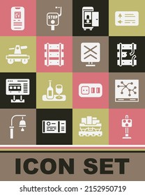 Set Train traffic light, Railway map, Broken rails on railway, Toilet the train car, Railway, railroad track, Draisine or handcar, E-ticket and Railroad crossing icon. Vector