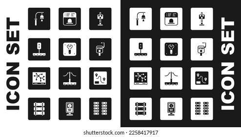 Set Train traffic light, Repair of railway, station bell, Emergency brake, Ticket office to buy tickets, Route location and Railway map icon. Vector