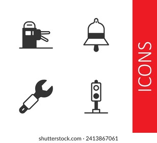 Set Train traffic light, Turnstile, Wrench spanner and station bell icon. Vector