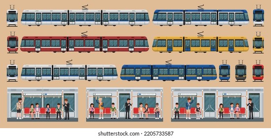 Set Train, Tram and Metro and Crowd of people go by public transport. Side View, City and Industrial Railway Vehicle Modes. Urban Express Train, Isolated Cartoon Vector Illustration.