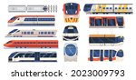 Set Train, Tram and Metro Front and Side View, City Railway Vehicle Contemporary Mode Design . Urban Express Train, Transport, Subway Locomotive, Modern Commuter. Isolated Cartoon Vector Illustration