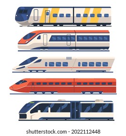 Mit Zug, Straßenbahn und U-Bahn-Seitenansicht, U-Bahn-Lokomotive auf den Rails, moderner Nahverkehr, zeitgenössischem Design der Eisenbahn, urbane Express-Züge. einzelne Cartoon-Vektorgrafik