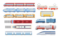 Set Train, Tram And Metro Top And Side View, City And Industrial Railway Vehicle Modes. Urban Express Train, Cargo Transport, Subway Locomotive, Modern Commuter. Isolated Cartoon Vector Illustration