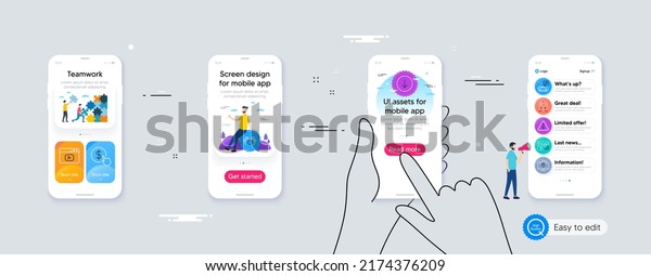 Set of Train,\
Work home and Safe time line icons. Phone ui interface. Include Web\
report, Car service, Scroll down icons. Buy currency, Warning,\
Video content web elements.\
Vector