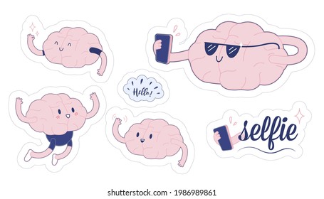 Set Train Your Brain. Modern Flat Vector Illustration. Happy Brain Wave Hello, Jump, Show Okay Sign, Make Selfie, Hello, Selfie Lettering Composition. Social Media Template.